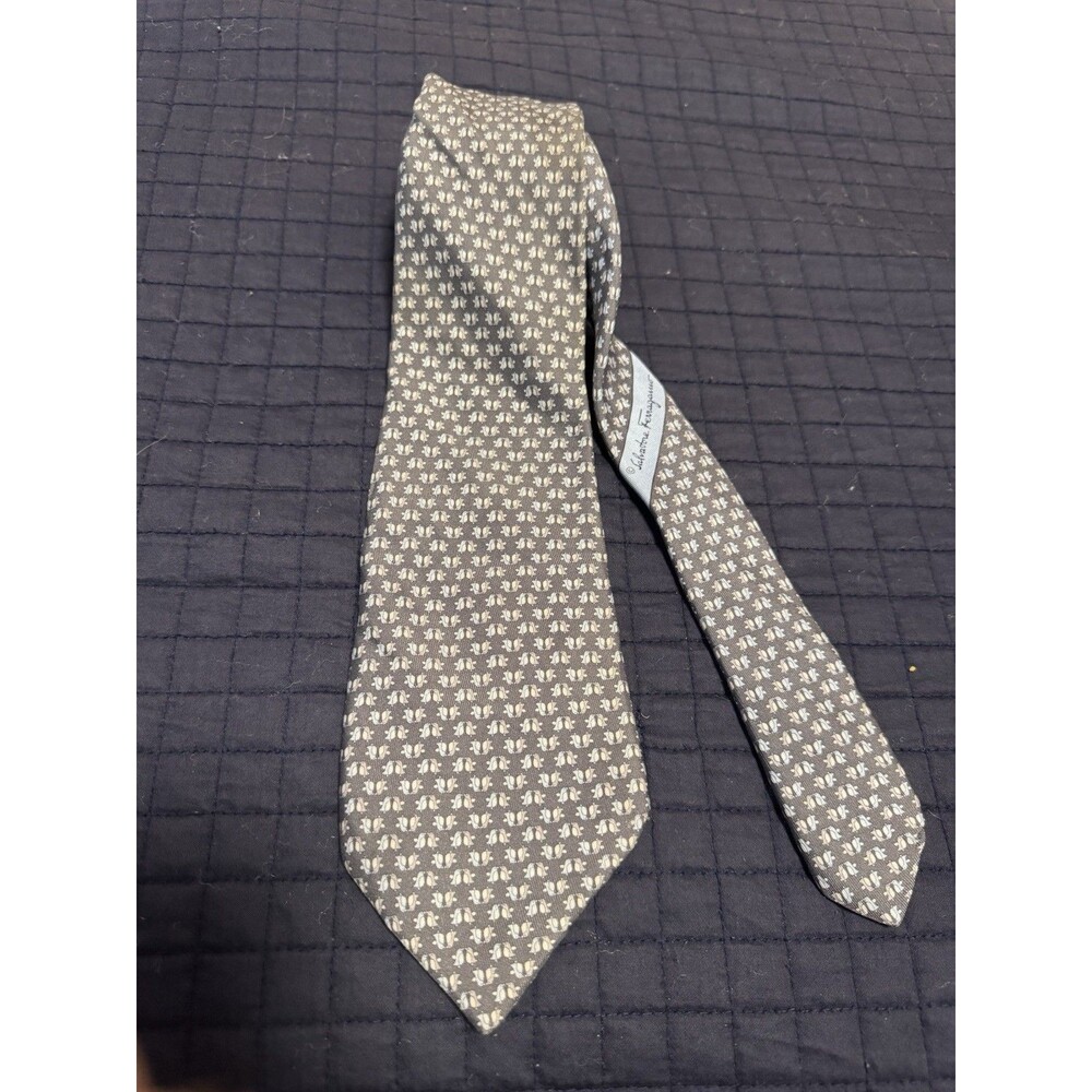 Salvatore Ferragamo Light Grey Tie, 100% Silk Made In Italy Blue And  Grey Birds